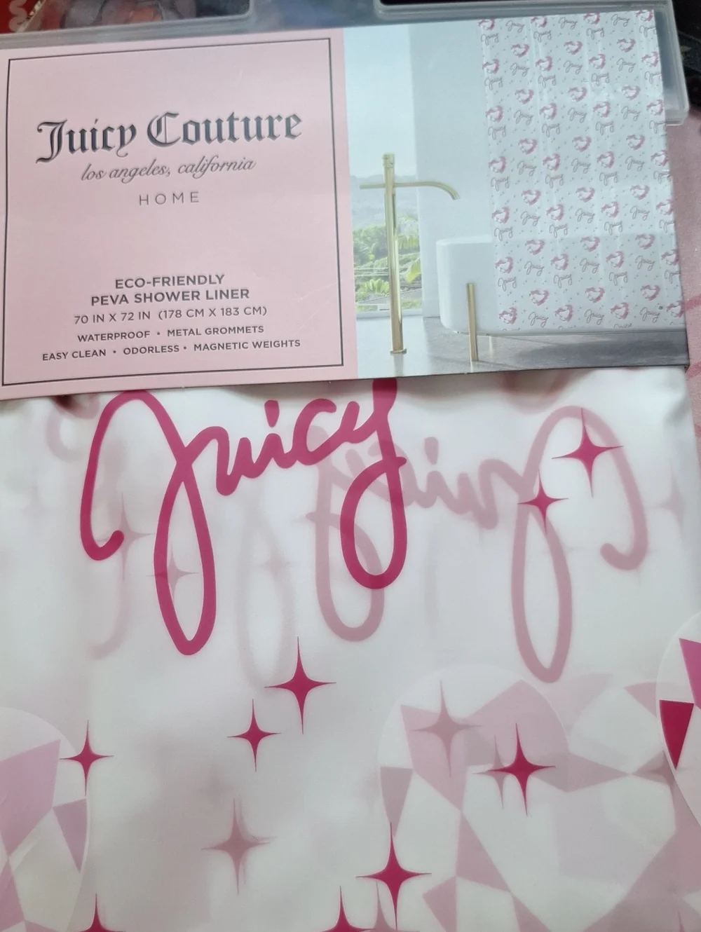 Juicy Couture White Shower Liner with Pink Script Logo